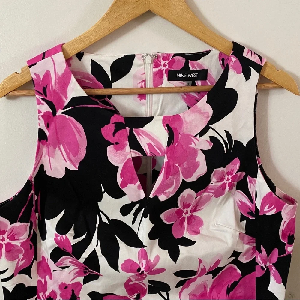 Nine West Black & Pink Floral Sleeveless Summer Shift Cocktail Dress w Pockets - Picture 4 of 12